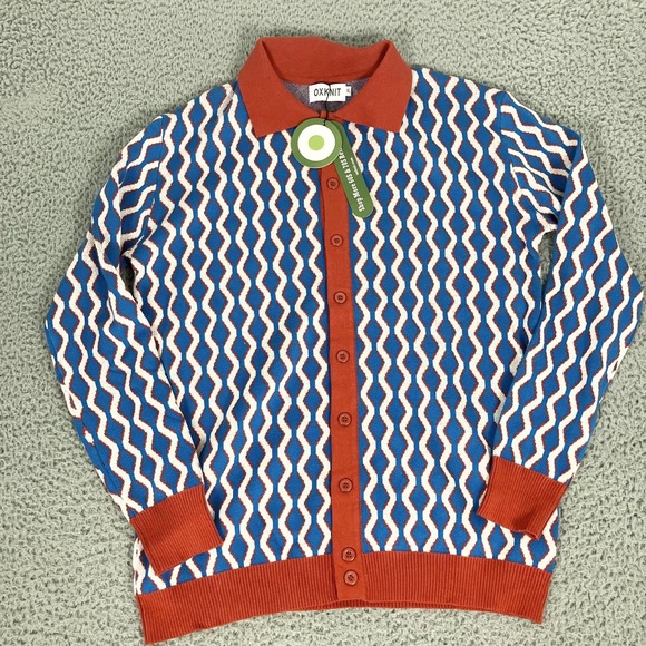 OXKnit Sweaters - OXKNIT Sweater Womens XL Blue Cotton Retro Cardigan Button Up Knit Geometric